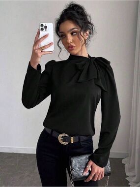 SHEIN Black Bow-Shoulder Long Sleeve Blouse